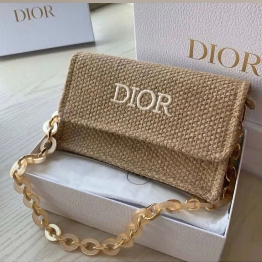 Dior Beige Woven Clutch with Gold Chain